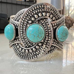 Vintage Turquoise Silver Metal Cuff, 80s Large Turquoise Bracelet